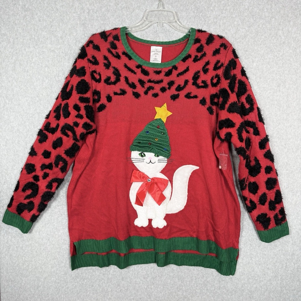 99 Jane Street Women's Ugly Christmas Sweater Cat Kitten Leopard 3d Textured 3X
